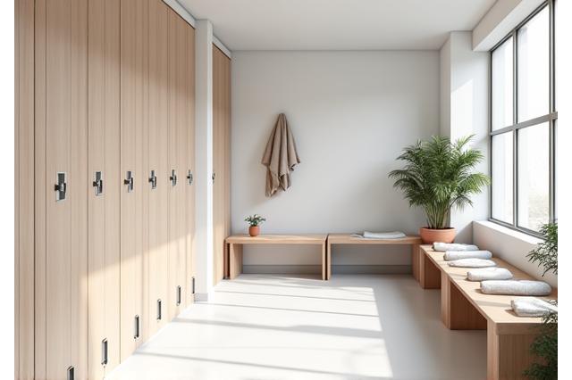 Vestiaires propres et modernes avec des casiers et miroirs.